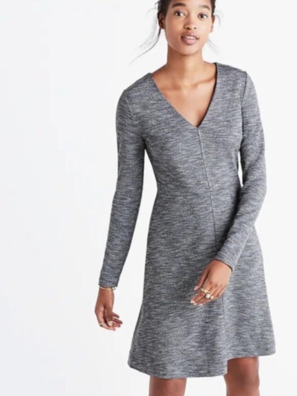 Madewell Bridgewalk V-Neck Mini Dress, Heathered Grey, Long Sleeve, Size 6
